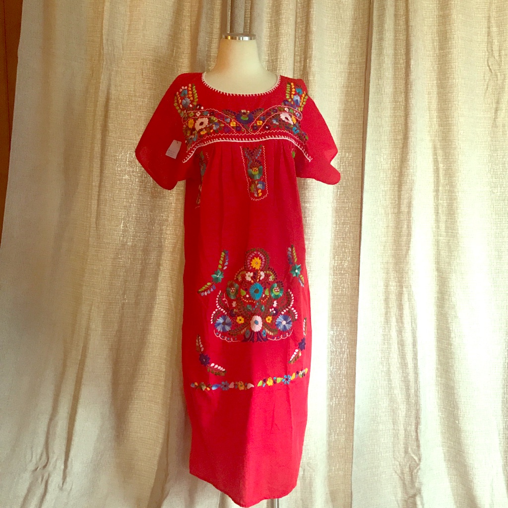 Vtg Mexican Puebla Dress Embroidered Flowers
